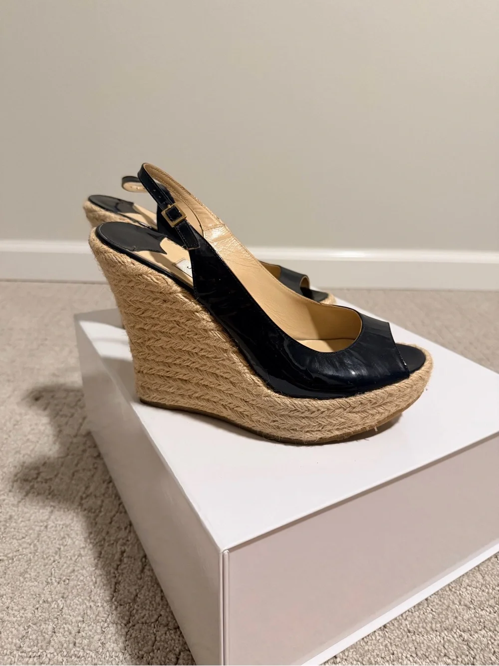 Jimmy Choo Black Patent Leather Espadrille Wedge Slingbacks